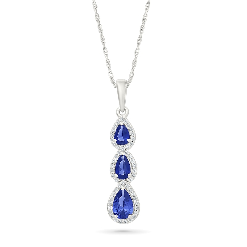 Pear-Shaped Blue Lab-Created Sapphire and White Lab-Created Sapphire Three-Stone Drop Necklace in Sterling Silver - 18"