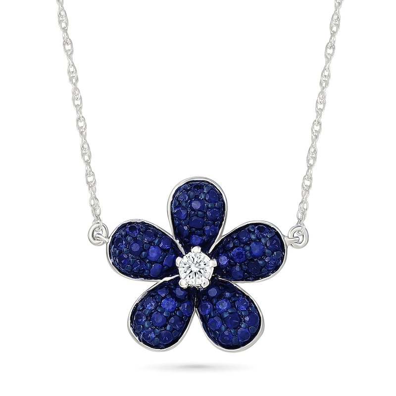 Blue and White Lab-Created Sapphire Flower Necklace in Sterling Silver - 18"