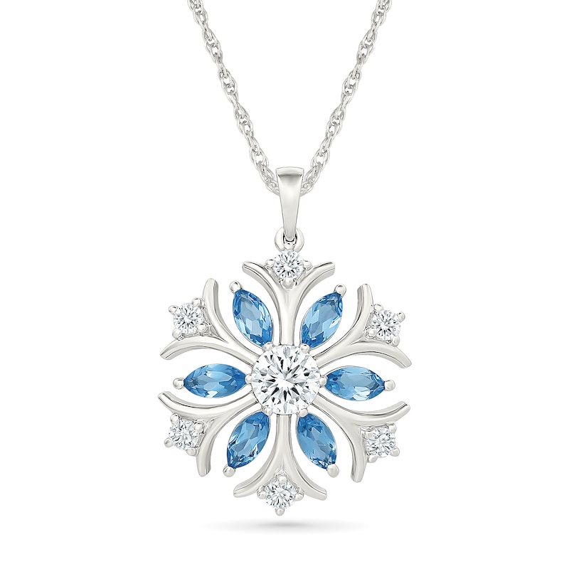 Marquise-Cut Swiss Blue Topaz and White Lab-Created Sapphire Snowflake Necklace in Sterling Silver - 18"