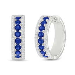 Blue and White Lab-Created Sapphire Three-Row Hoop Earrings in Sterling Silver