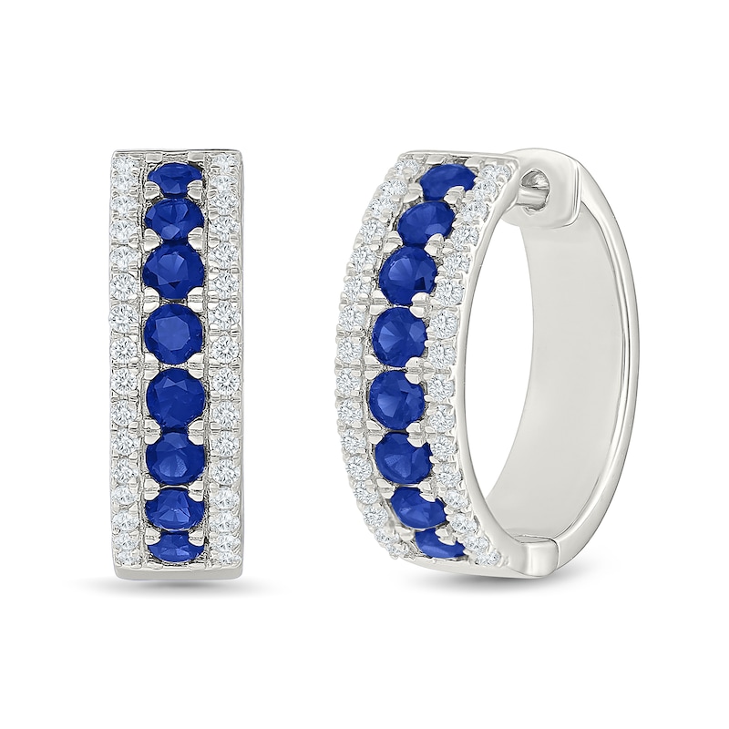 Blue and White Lab-Created Sapphire Three-Row Hoop Earrings in Sterling Silver