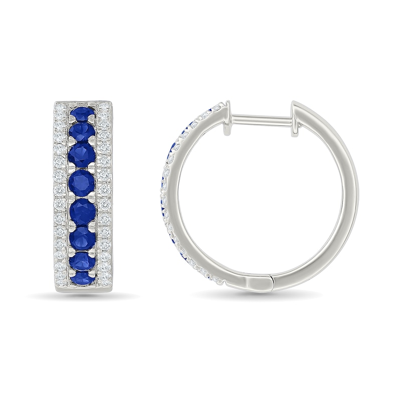 Blue and White Lab-Created Sapphire Three-Row Hoop Earrings in Sterling Silver