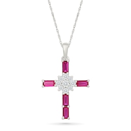 Baguette-Cut Lab-Created Ruby and White Lab-Created Sapphire Cross Necklace in Sterling Silver - 18"