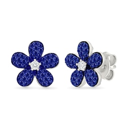 Blue and White Lab-Created Sapphire Flower Stud Earrings in Sterling Silver