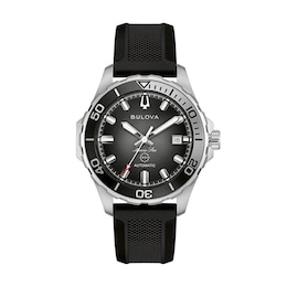 Men's Bulova Marine Star Stainless Steel Watch with Black Dial and Black Rubber Strap (Model: 98B465)