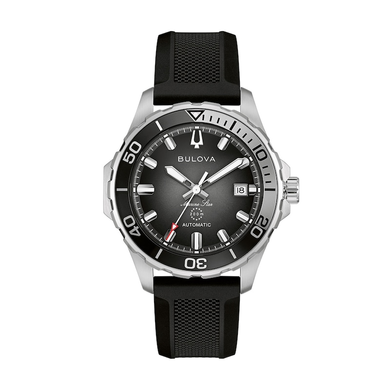 Main Image 1 of Men's Bulova Marine Star Stainless Steel Watch with Black Dial and Black Rubber Strap (Model: 98B465)