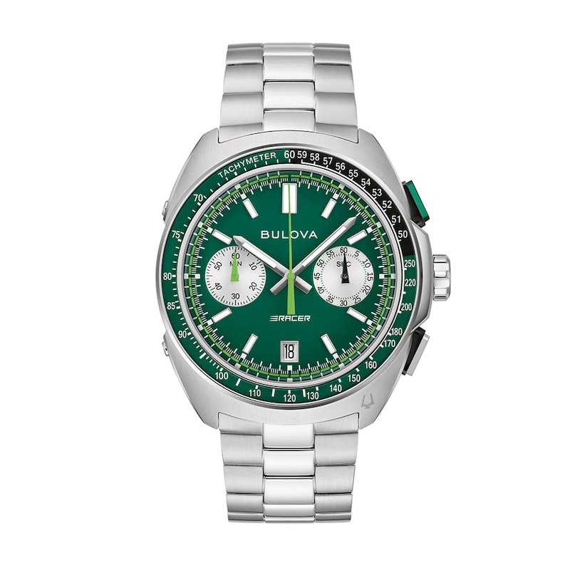 Men's Bulova Racer Chronograph Stainless Steel Watch with Green Dial (Model: 98B468)
