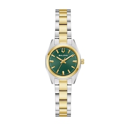 Ladies' Bulova Surveyor Two-Tone IP Stainless Steel Watch with Green Dial (Model: 98L329)