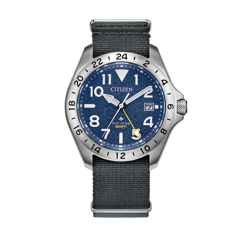 Main Image 1 of Men's Citizen Promaster Eco-Drive® Stainless Steel Watch with Navy Blue Dial and Gray Nylon Strap (Model: BJ7150-09L)