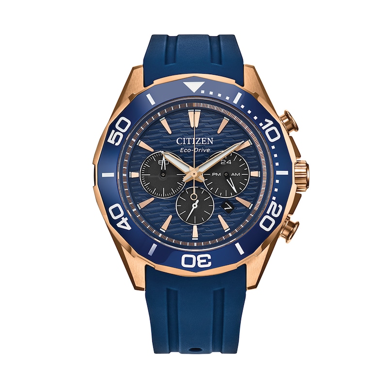 Main Image 1 of Men's Citizen Endeavor Chronograph Eco-Drive® Rose-Tone IP Stainless Steel Watch with Blue Dial (Model: CA4733-00L)