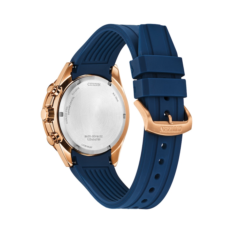 Main Image 3 of Men's Citizen Endeavor Chronograph Eco-Drive® Rose-Tone IP Stainless Steel Watch with Blue Dial (Model: CA4733-00L)