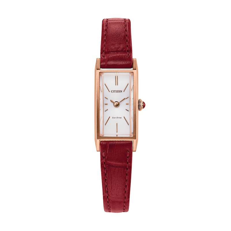 Ladies' Citizen Fio Eco-Drive® Rose-Tone IP Stainless Steel Watch with Red Leather Strap (Model: EG7123-01A)
