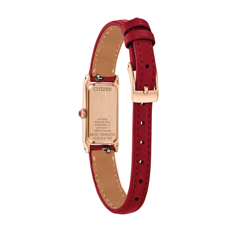 Ladies' Citizen Fio Eco-Drive® Rose-Tone IP Stainless Steel Watch with Red Leather Strap (Model: EG7123-01A)