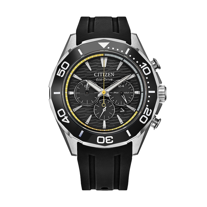 Main Image 1 of Men's Citizen Endeavor Chronograph Eco-Drive® Stainless Steel Watch with Black Dial and Black Strap (Model: CA4730-08E)