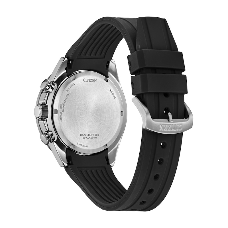 Main Image 3 of Men's Citizen Endeavor Chronograph Eco-Drive® Stainless Steel Watch with Black Dial and Black Strap (Model: CA4730-08E)