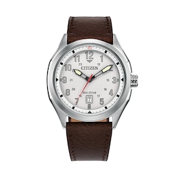 Men's Citizen Terra Force Eco-Drive® Stainless Steel Watch with White Dial and Brown Leather Strap (Model: AW1890-19B)