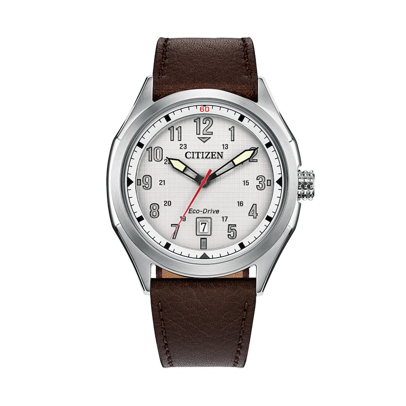 Main Image 1 of Men's Citizen Terra Force Eco-Drive® Stainless Steel Watch with White Dial and Brown Leather Strap (Model: AW1890-19B)