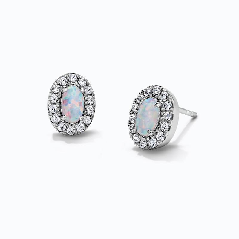 Oval Lab-Created Opal & 0.20 CT. T.W. Lab-Grown Diamond Frame Earrings in Sterling Silver (F/SI2)