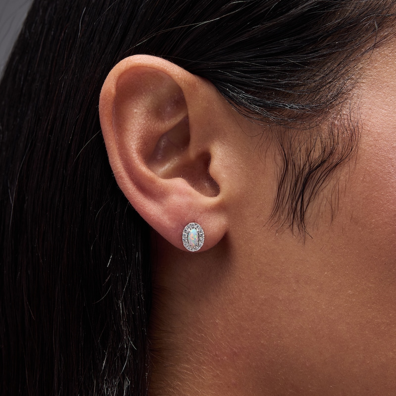 Oval Lab-Created Opal & 0.20 CT. T.W. Lab-Grown Diamond Frame Earrings in Sterling Silver (F/SI2)