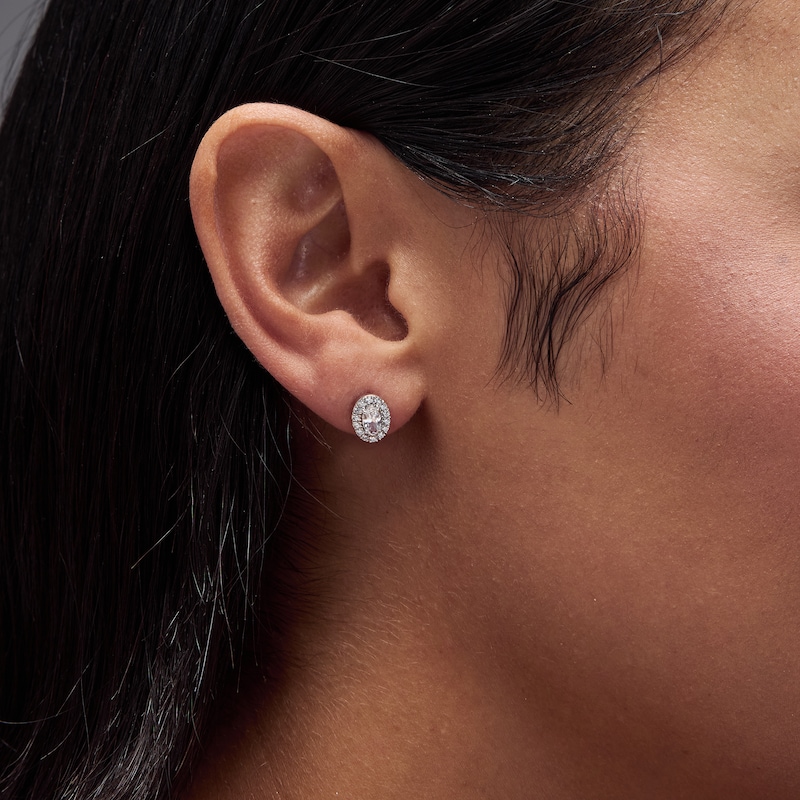 Oval White Lab-Created Sapphire and 0.20 CT. T.W. Lab-Grown Diamond Frame Earrings in Sterling Silver