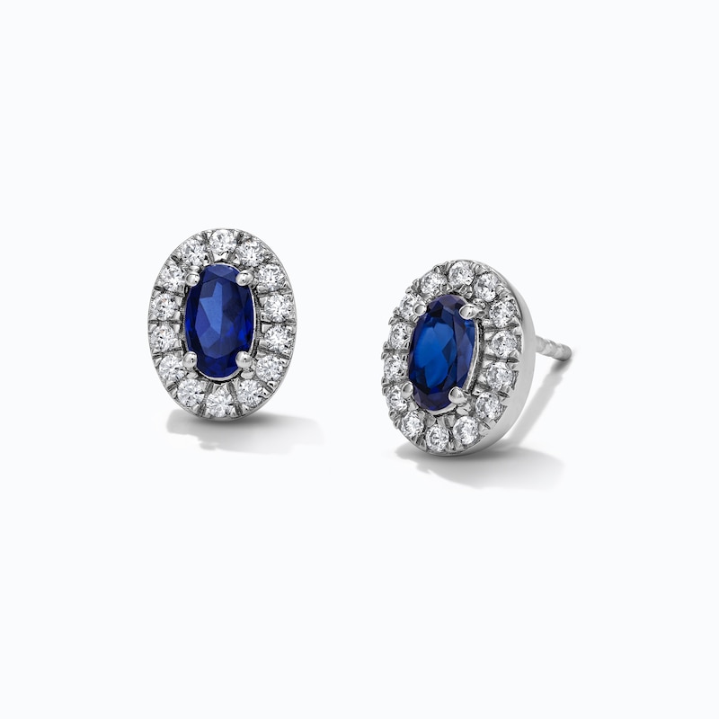 Oval Blue Lab-Created Sapphire & 0.20 CT. T.W. Lab-Grown Diamond Frame Earrings in Sterling Silver (F/SI2)