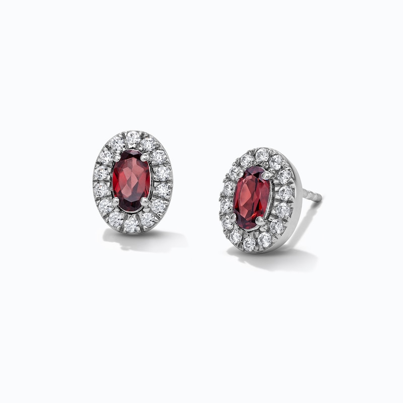 Oval Garnet and 0.20 CT. T.W. Lab-Grown Diamond Frame Earrings in Sterling Silver