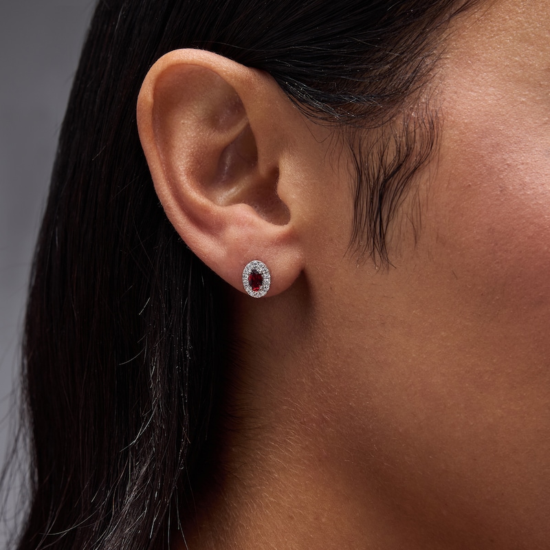 Oval Garnet and 0.20 CT. T.W. Lab-Grown Diamond Frame Earrings in Sterling Silver
