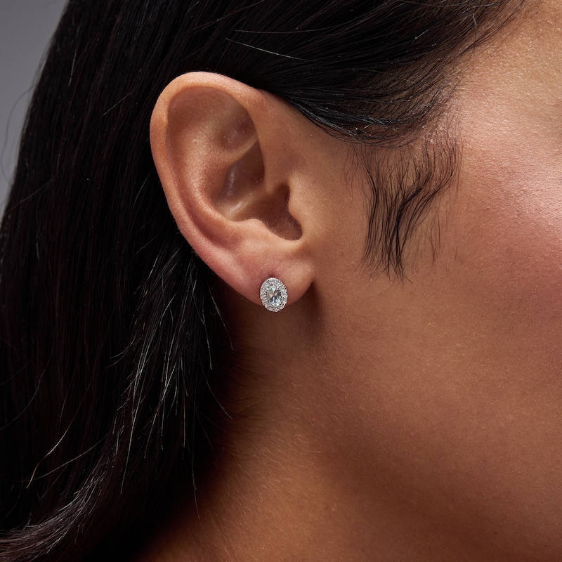 Oval Aquamarine and 0.20 CT. T.W. Lab-Grown Diamond Frame Earrings in Sterling Silver