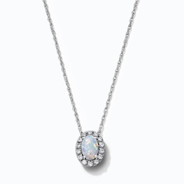 Oval Lab-Created Opal & 0.10 CT. T.W. Lab-Grown Diamond Frame Necklace in Sterling Silver (F/SI2) - 18"