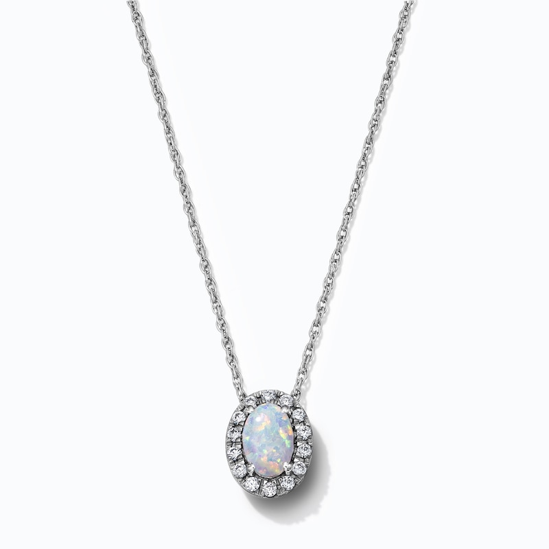 Oval Lab-Created Opal & 0.10 CT. T.W. Lab-Grown Diamond Frame Necklace in Sterling Silver (F/SI2) - 18"