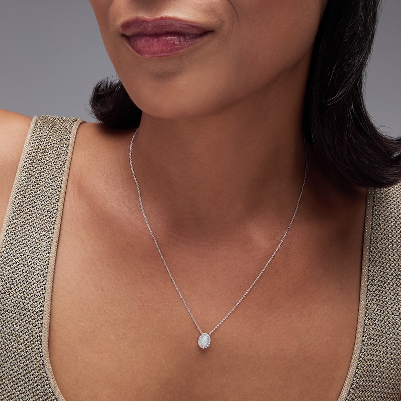Oval Lab-Created Opal & 0.10 CT. T.W. Lab-Grown Diamond Frame Necklace in Sterling Silver (F/SI2) - 18"