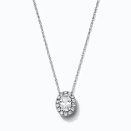 Oval White Lab-Created Sapphire & 0.10 CT. T.W. Lab-Grown Diamond Frame Necklace in Sterling Silver (F/SI2) - 18"
