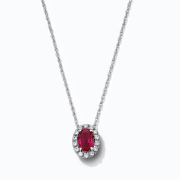 Oval Lab-Created Ruby & 0.10 CT. T.W. Lab-Grown Diamond Frame Necklace in Sterling Silver (F/SI2) - 18"