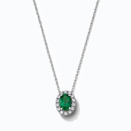 Oval Lab-Created Emerald & 0.10 CT. T.W. Lab-Grown Diamond Frame Necklace in Sterling Silver (F/SI2) - 18"