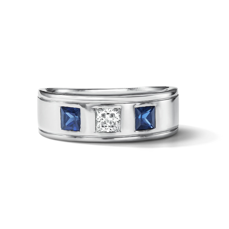 Vera Wang Men's 0.30 CT. T.W. Square-Cut Certified Lab-Grown Diamond and Blue Sapphire Wedding Band 14K White Gold (F/VS2)
