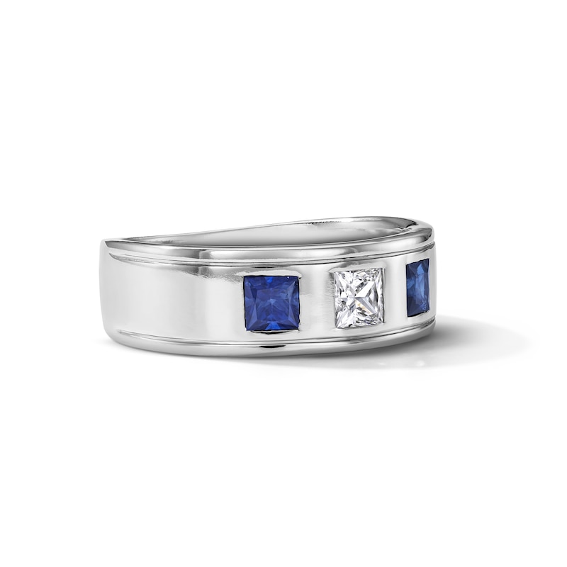 Vera Wang Men's 0.30 CT. T.W. Square-Cut Certified Lab-Grown Diamond and Blue Sapphire Wedding Band 14K White Gold (F/VS2)