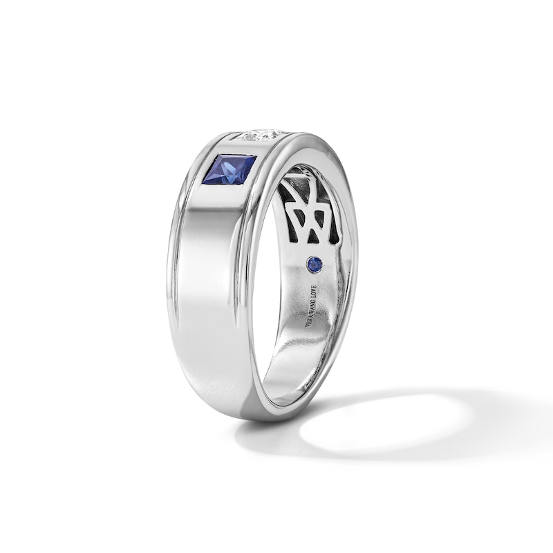 Vera Wang Men's 0.30 CT. T.W. Square-Cut Certified Lab-Grown Diamond and Blue Sapphire Wedding Band 14K White Gold (F/VS2)