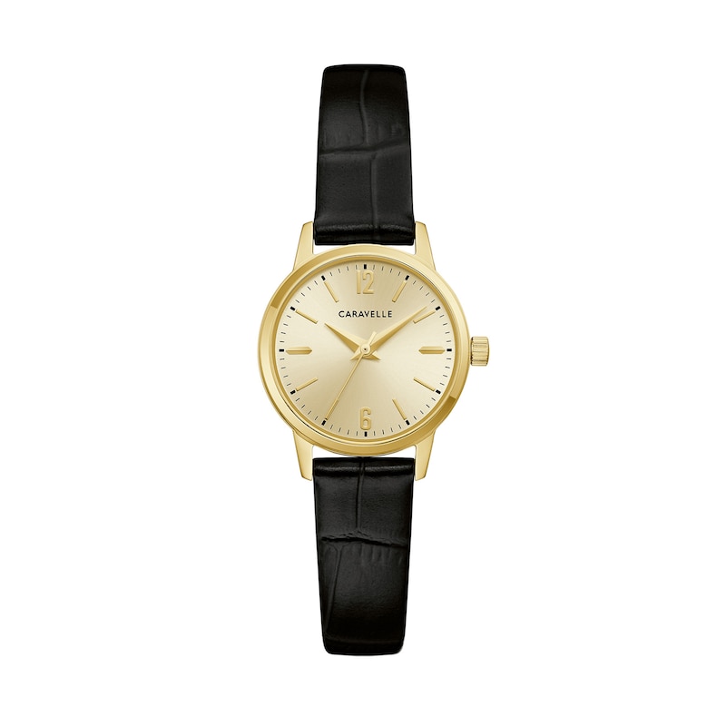 Ladies' Caravelle by Bulova Dress Quartz Gold-Tone Stainless Steel Watch with Champagne Dial and Black Leather Strap (44L272)