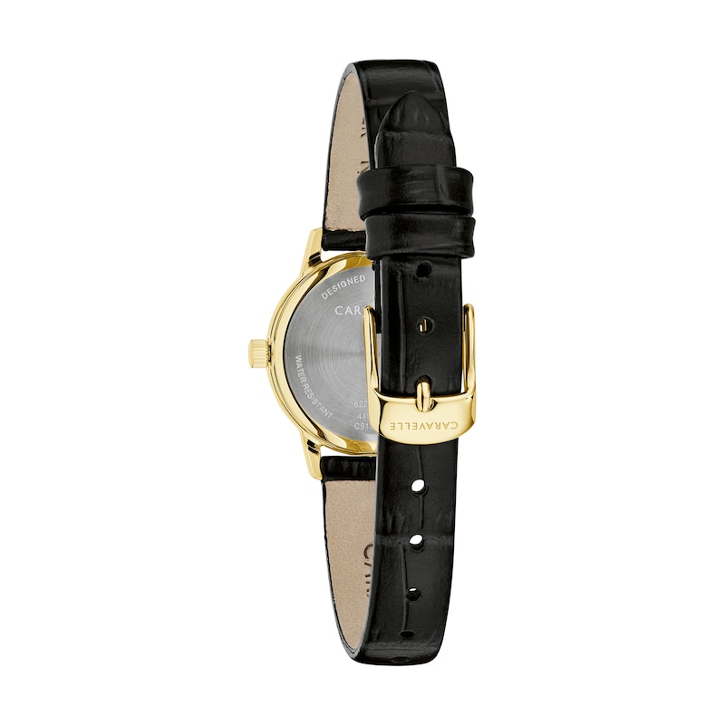 Ladies' Caravelle by Bulova Dress Quartz Gold-Tone Stainless Steel Watch with Champagne Dial and Black Leather Strap (44L272)