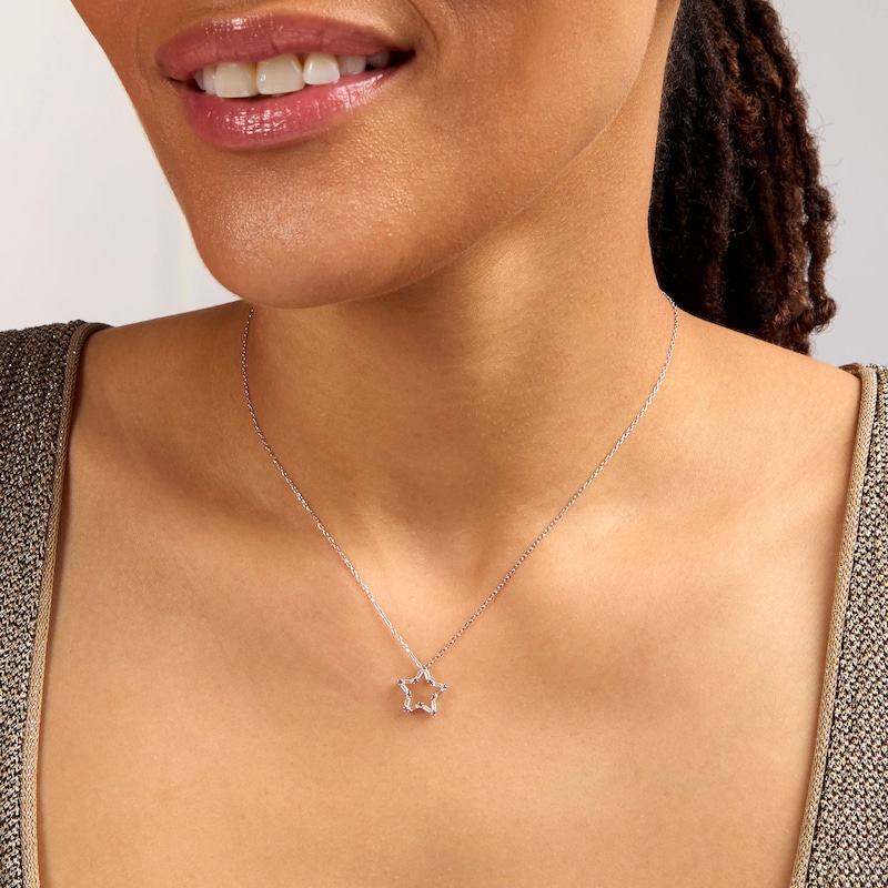 Baguette-Cut and Round Lab-Created Sapphire Star Outline Necklace in Sterling Silver