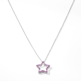 Baguette-Cut and Round Pink Lab-Created Sapphire Star Outline Necklace in Sterling Silver - 18"