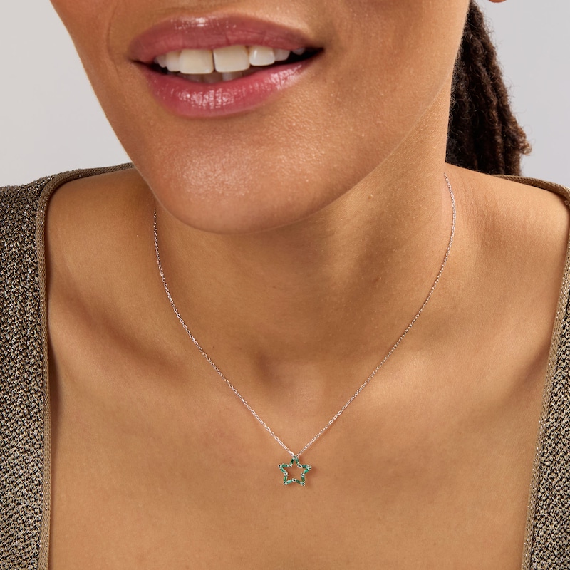 Baguette-Cut and Round Lab-Created Emerald Star Outline Necklace in Sterling Silver - 18"