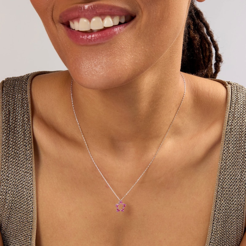 Baguette-Cut and Round Lab-Created Ruby Star Outline Necklace in Sterling Silver - 18"