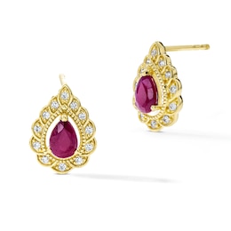 Pear-Shaped Ruby and 0.15 CT. T.W. Lab-Grown Diamond Frame Stud Earrings in 18K Gold (F/VS2)