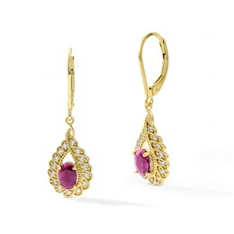 Oval Ruby and 0.20 CT. T.W. Lab-Grown Diamond Drop Earrings in 18K Gold (F/VS2)