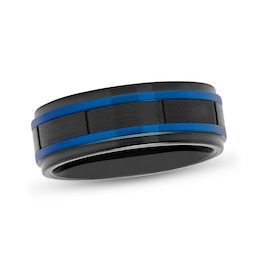8.0mm Brick-Patterned Wedding Band in Tungsten with Black and Blue Ion Plate