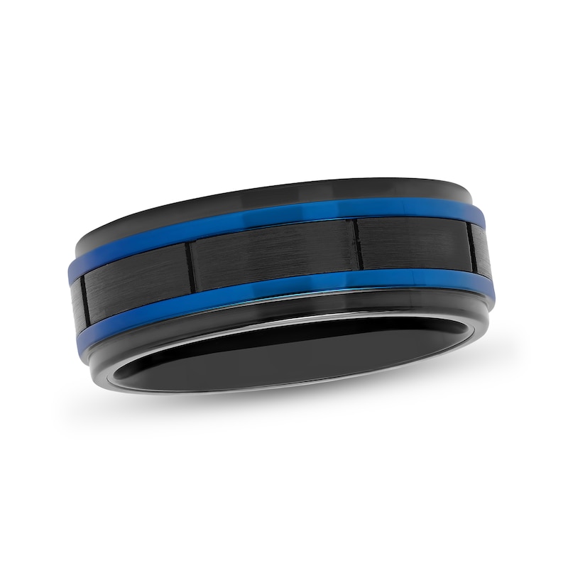 8.0mm Brick-Patterned Wedding Band Tungsten with Black and Blue Ion Plate
