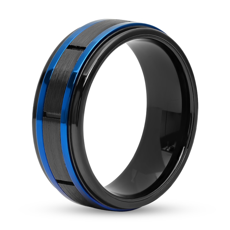 8.0mm Brick-Patterned Wedding Band Tungsten with Black and Blue Ion Plate