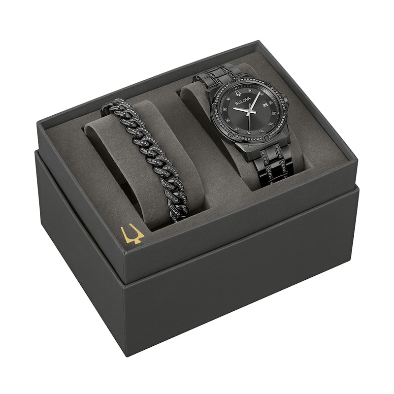 Men's Bulova Crystal Quartz Black IP Stainless Steel Watch and Bracelet Set (98K119)