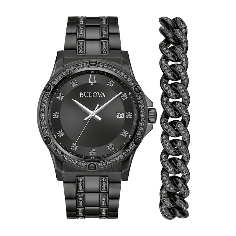 Men's Bulova Crystal Quartz Black IP Stainless Steel Watch and Bracelet Set (98K119)
